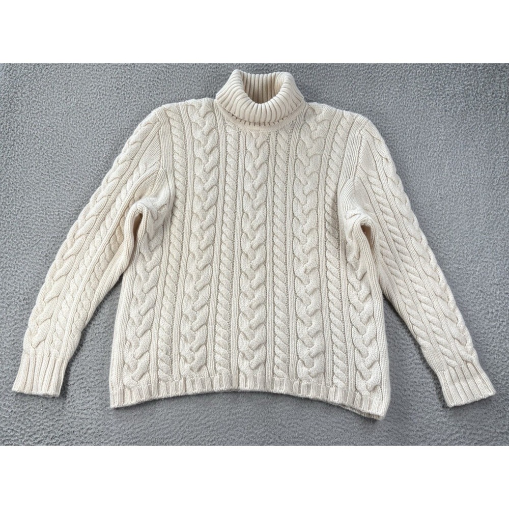 Johnstons Of Elgin Cashmere Sweater Mens 46 XL Ivory Cable Knit Made in Scotland